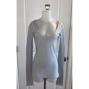 INHABIT‎ 100% Cashmere Exposed Seams V-Neck Pullover Sweater Size Small Blue